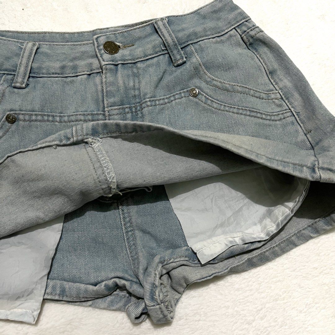 Light wash denim skort shorts with front flap (Category: Shorts) located in Binan City. Submitted by veniceao (Listing ID 1470905948, Image 2). Description: PLEASE READ ❤️ Loc: Laguna (open for checkout for cheaper sf—starts at ₱20) For sure buyer: 1. Make an offer. 2. Send your details for confirmation 3. Pay until 3pm the next day I confirm the order. Details: - Size 24-26 - Style: Light blue denim skort (skirt look in front, shorts with built-
