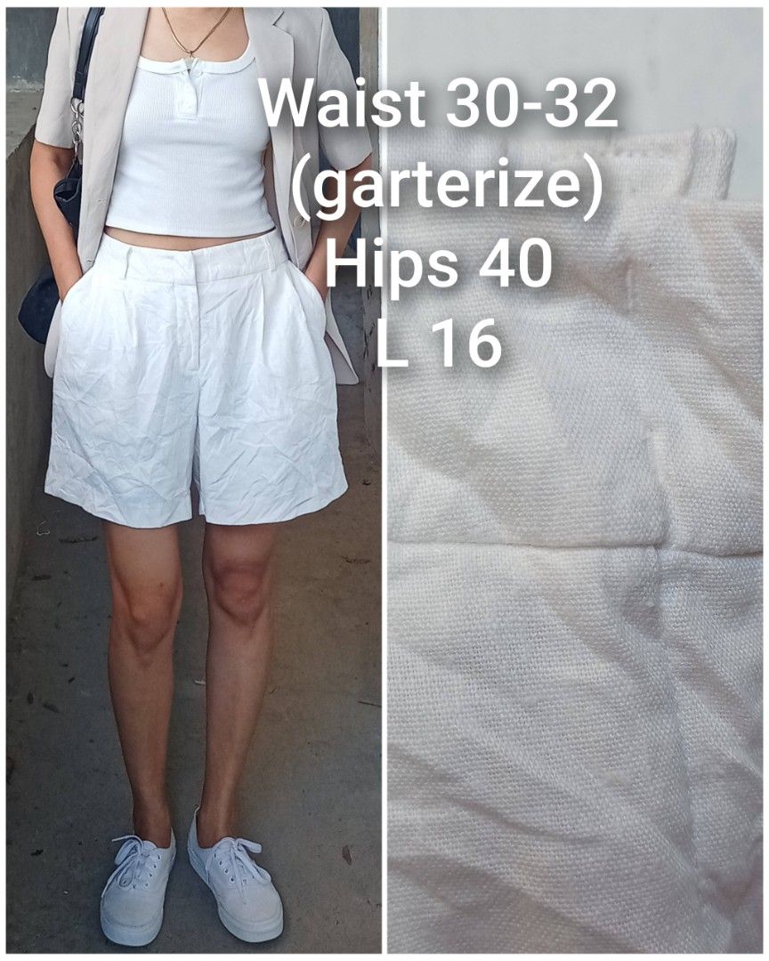 Linen white highwaist summer short (Category: Shorts) located in Davao. Submitted by kannikasok1987 (Listing ID 1470757636, Image 1). Description: Wd side pocket Waist 30-32 (garterize) Hips 40 L 16 mall quality.