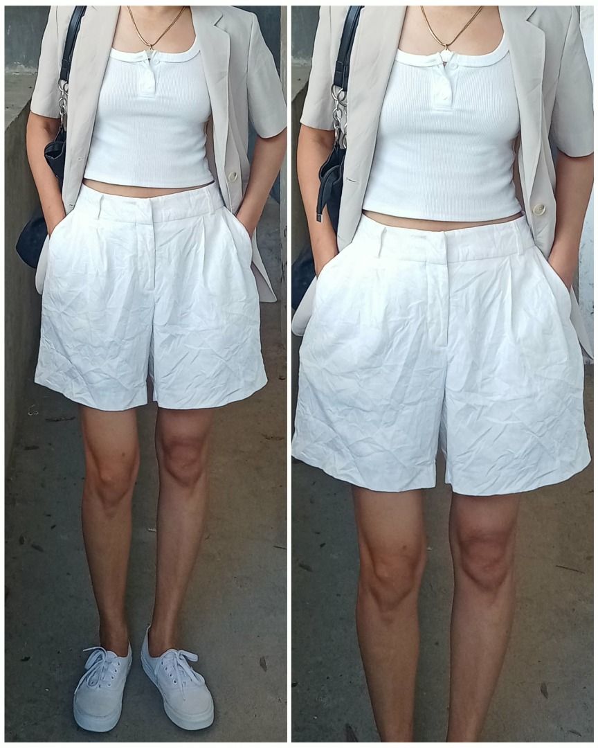 Linen white highwaist summer short (Category: Shorts) located in Davao. Submitted by irisrazona16792 (Listing ID 1470776201, Image 2). Description: Wd side pocket Waist 30-32 (garterize) Hips 40 L 16 mall quality.