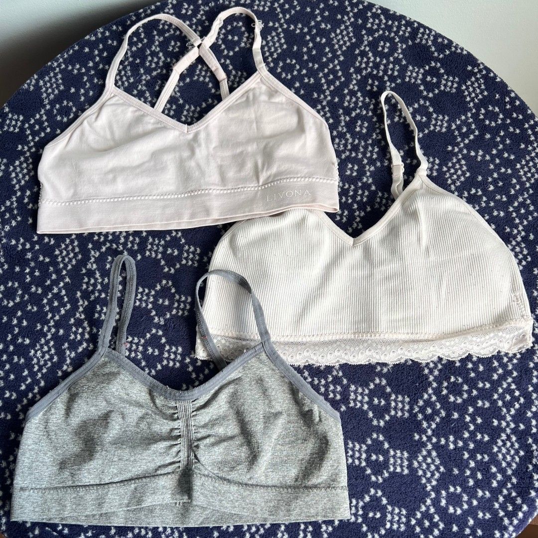 3 PCs Bralette Bra bundle (Category: Activewear) located in Quezon City. Submitted by all_items_50_each (Listing ID 1470795254, Image 1). Description: 3 PCs Bralette Bra bundle Fits teens, adult XS-S *brand and size is posted, as long as it is readable, measurements via tape measure-laid flat, is also posted *wash before wearing, may have lints, dirt/stains (due to storage), color-bleed stains, esp. light colored, with normal signs of usage, pls.