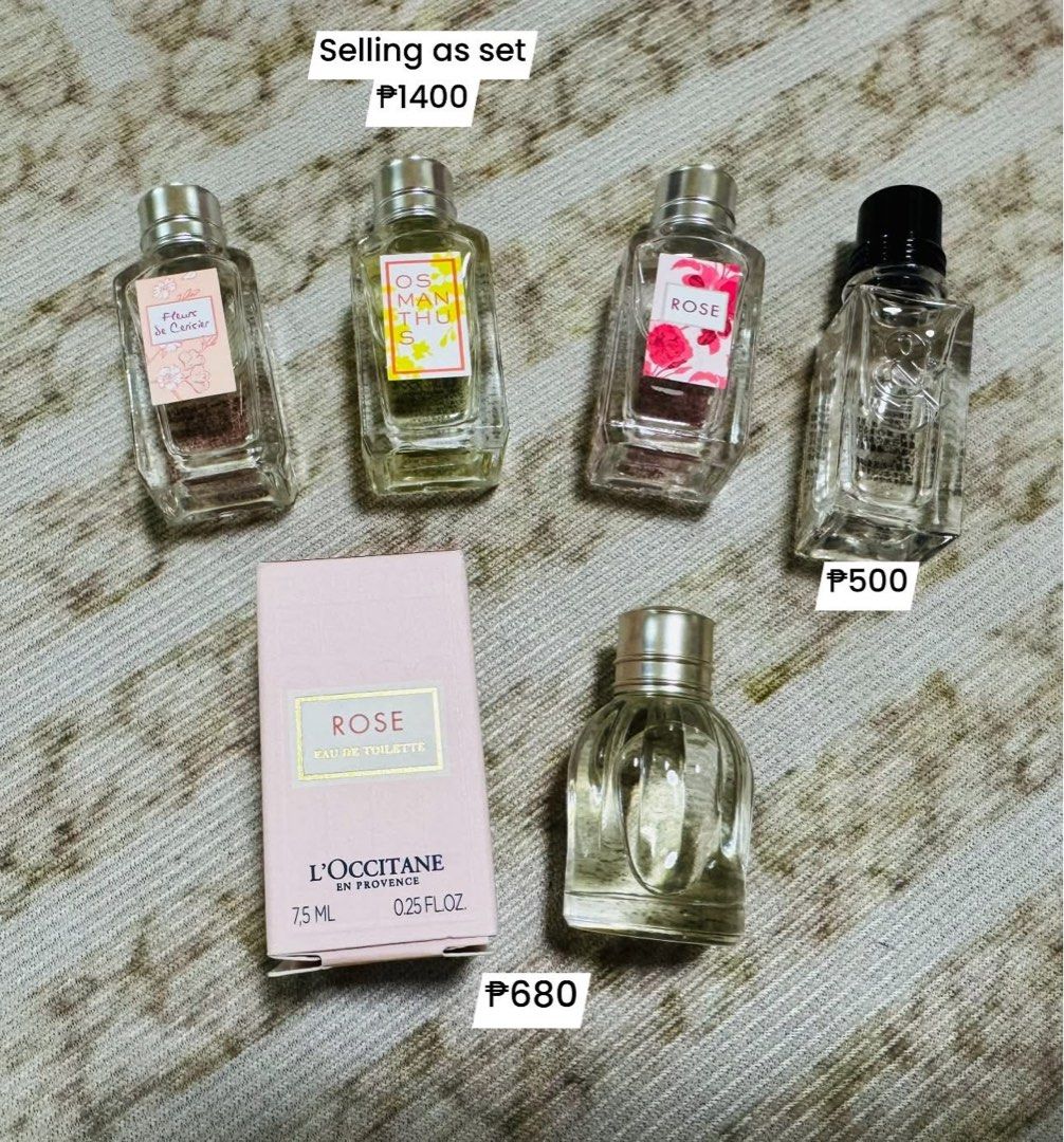 LOCCITANE MINI PERFUMES (Category: Fragrance & Deodorants) located in Agdangan. Submitted by lavishbyji22912 (Listing ID 1470826403, Image 1). Description: All authentic With japan seal One 3pc set 1 with box 1 no box See photos for prices .