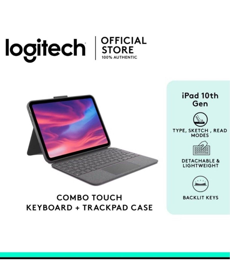 Logitech Combo Touch Keyboard Trackpad Case iPad 10th Gen (Category: Cases & Sleeves) located in Quezon City. Submitted by choeyyy.19 (Listing ID 1470868344, Image 1). Description: - Compatibility: Made exclusively for iPad 10th Generation - Color/Material: Stylish dark grey woven fabric exterior - Versatility: Detachable keyboard with type, sketch, view, and read modes - Performance: Large, high-precision trackpad and adjustable backlit keys - C
