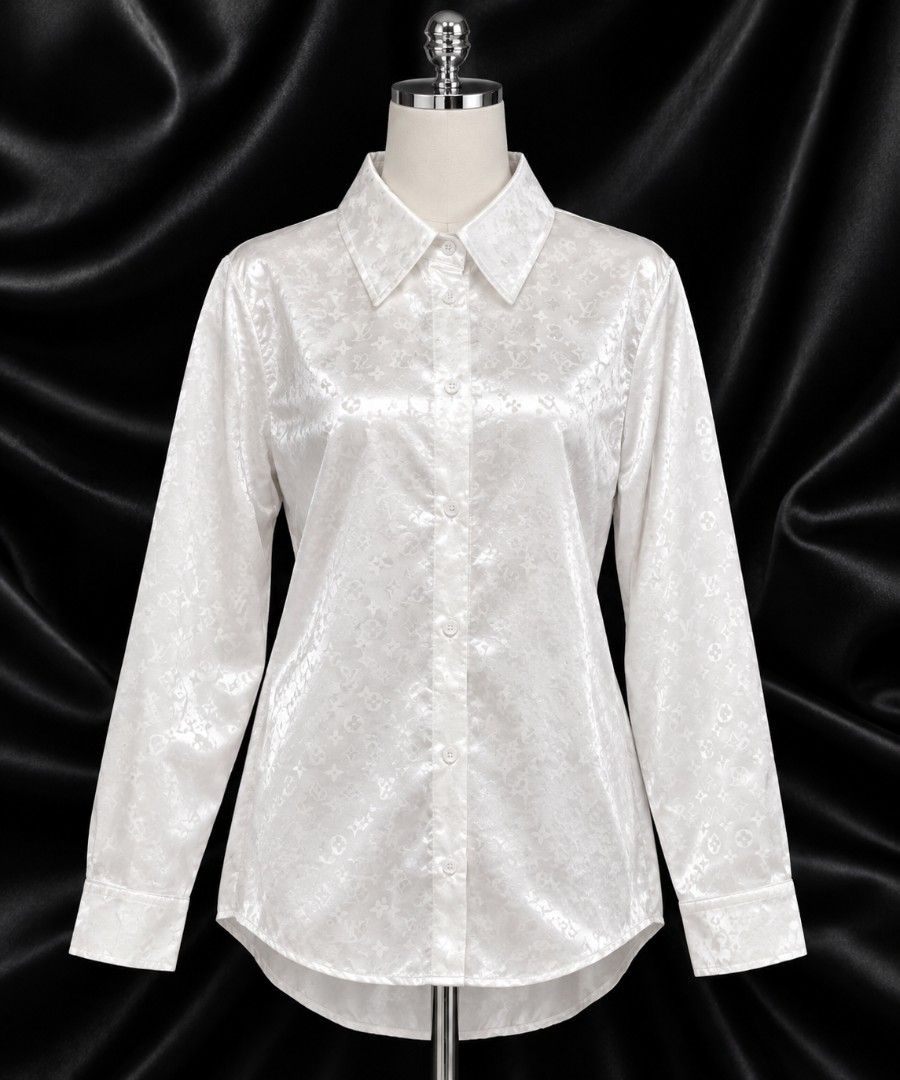 Louis Vuitton Monogram White Satin Button-Up Shirt (Category: Luxury Apparel) located in Bulacan. Submitted by heathersdream.c0 (Listing ID 1470806805, Image 1). Description: XS-M - Color: White with subtle tonal LV monogram pattern - Material: Smooth and shiny satin fabric - Design: Classic collar with front button closure - Sleeves: Long sleeves - Hem: Curved hemline - Style: Chic, stylish, and great for casual or formal wear.