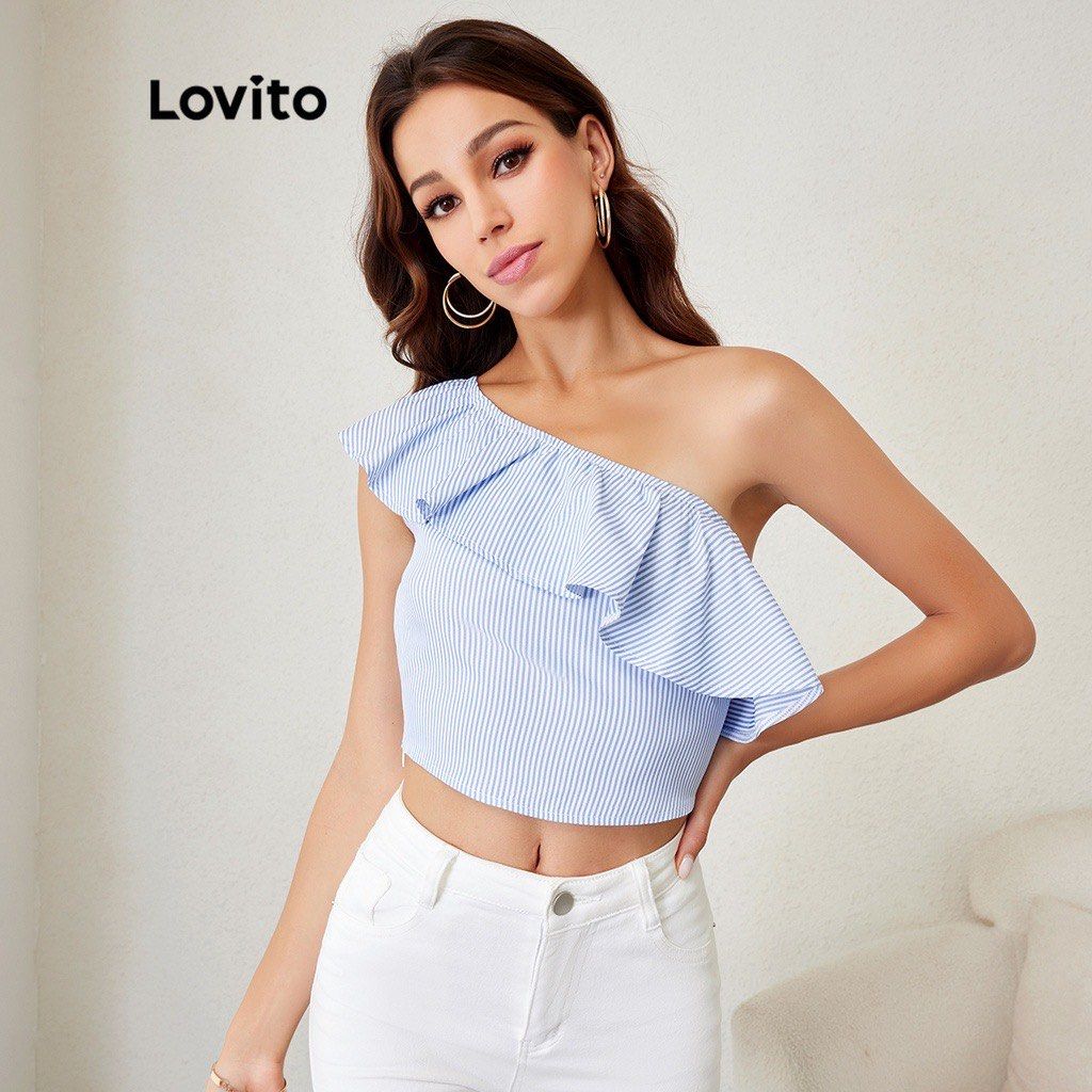 Lovito Blue Striped One-Shoulder Ruffle Crop Top (Category: Sleeveless) located in Valenzuela. Submitted by declutter203 (Listing ID 1470885374, Image 1). Description: - Brand New - Size: Small MOP: Gcash/Maribank MOD: J&T or Grab/lalamove Tags: Zara, H&M, Love Bonito, Mango, Bershka, Uniqlo, GU, Topshop, Araw the Line, SM woman, reformation dress, suzy clothing .