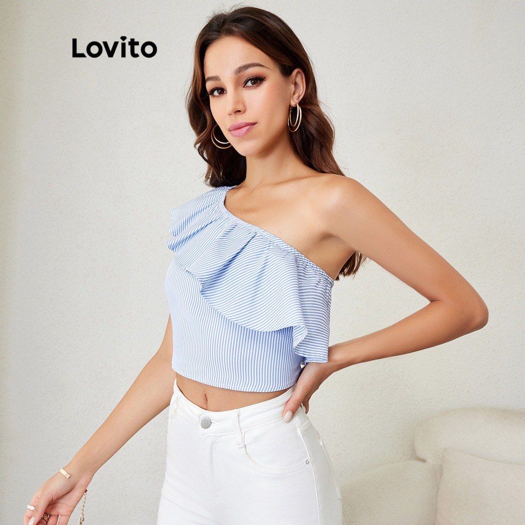 Lovito Blue Striped One-Shoulder Ruffle Crop Top (Category: Sleeveless) located in Valenzuela. Submitted by declutter203 (Listing ID 1470885374, Image 3). Description: - Brand New - Size: Small MOP: Gcash/Maribank MOD: J&T or Grab/lalamove Tags: Zara, H&M, Love Bonito, Mango, Bershka, Uniqlo, GU, Topshop, Araw the Line, SM woman, reformation dress, suzy clothing .