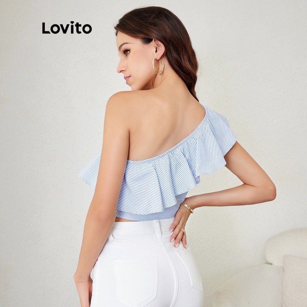 Lovito Blue Striped One-Shoulder Ruffle Crop Top (Category: Sleeveless) located in Valenzuela. Submitted by declutter203 (Listing ID 1470885374, Image 2). Description: - Brand New - Size: Small MOP: Gcash/Maribank MOD: J&T or Grab/lalamove Tags: Zara, H&M, Love Bonito, Mango, Bershka, Uniqlo, GU, Topshop, Araw the Line, SM woman, reformation dress, suzy clothing .