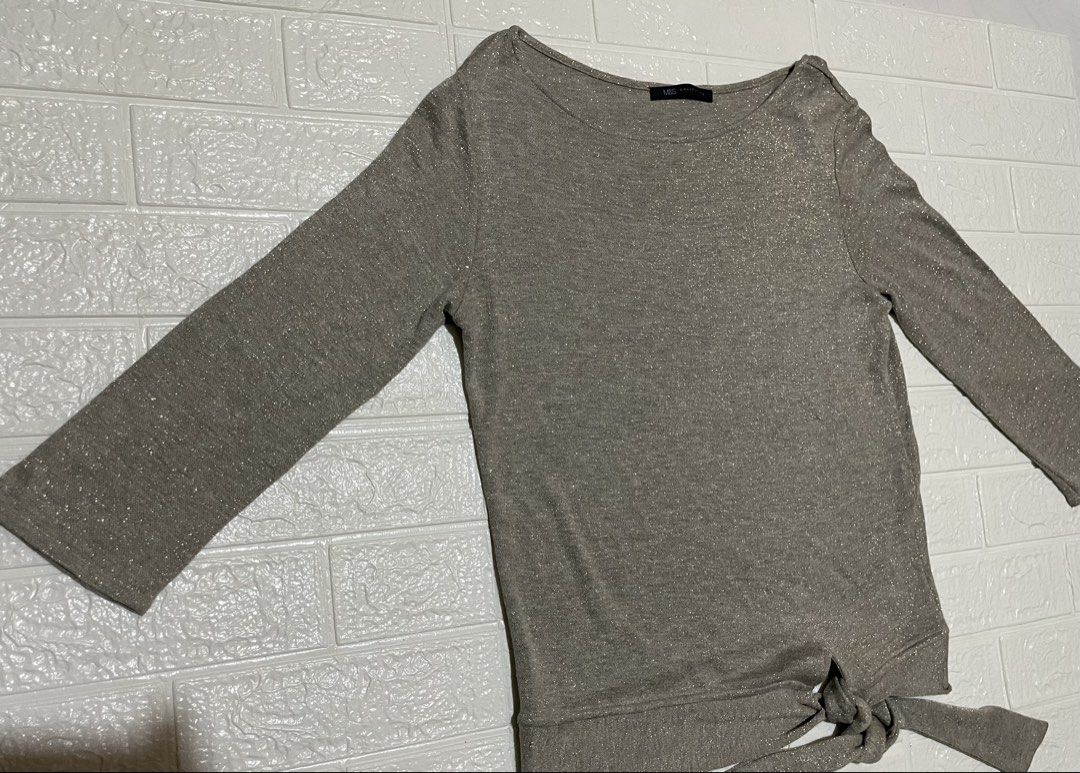 M & S Collection Metallic Shimmer Side Tie Knit Top - Gold (Category: Longsleeves) located in Marilao. Submitted by clear_out_closet (Listing ID 1470802494, Image 3). Description: Item Details: 👇 • Brand: M&S COLLECTION (Marks & Spencer - UK) • Style Code: T41 2160B/03665 (Color: GOLD MIX) • Color: Champagne Gold / Taupe Shimmer • Retail Value: £29.50 – £35.00 (₱2,200 – ₱2,600 original UK retail) • Material: 80% Viscose, 11% Metallised Fibres, 9