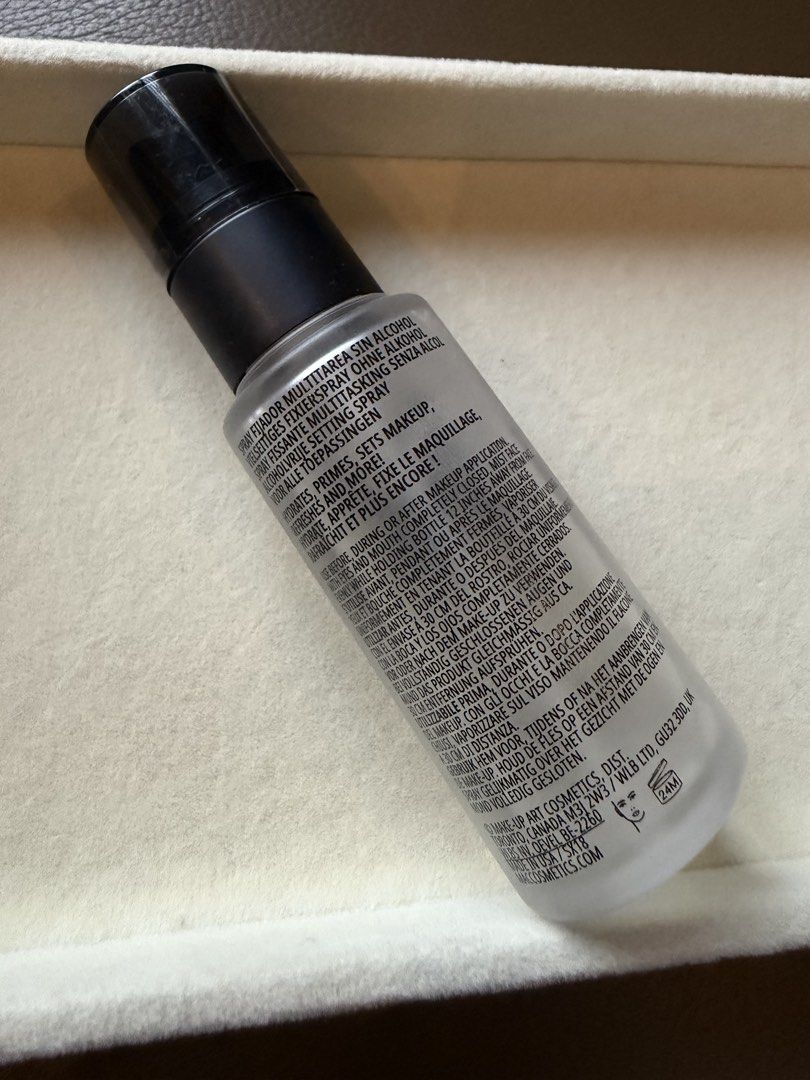 MAC Fix+ Alcohol-Free Multitasking Setting Spray 30ml (Category: Makeup) located in Quezon City. Submitted by madz_jacq (Listing ID 1470831496, Image 2). Description: MAC Fix+ setting spray in the 30ml mini size. Alcohol-free formula hydrates, primes, and sets makeup. Spritz before or after makeup application. Full bottle, barely used. Batch code printed on the bottom. Travel-friendly size fits right in your makeup bag. 80% Full RFS: decluttering