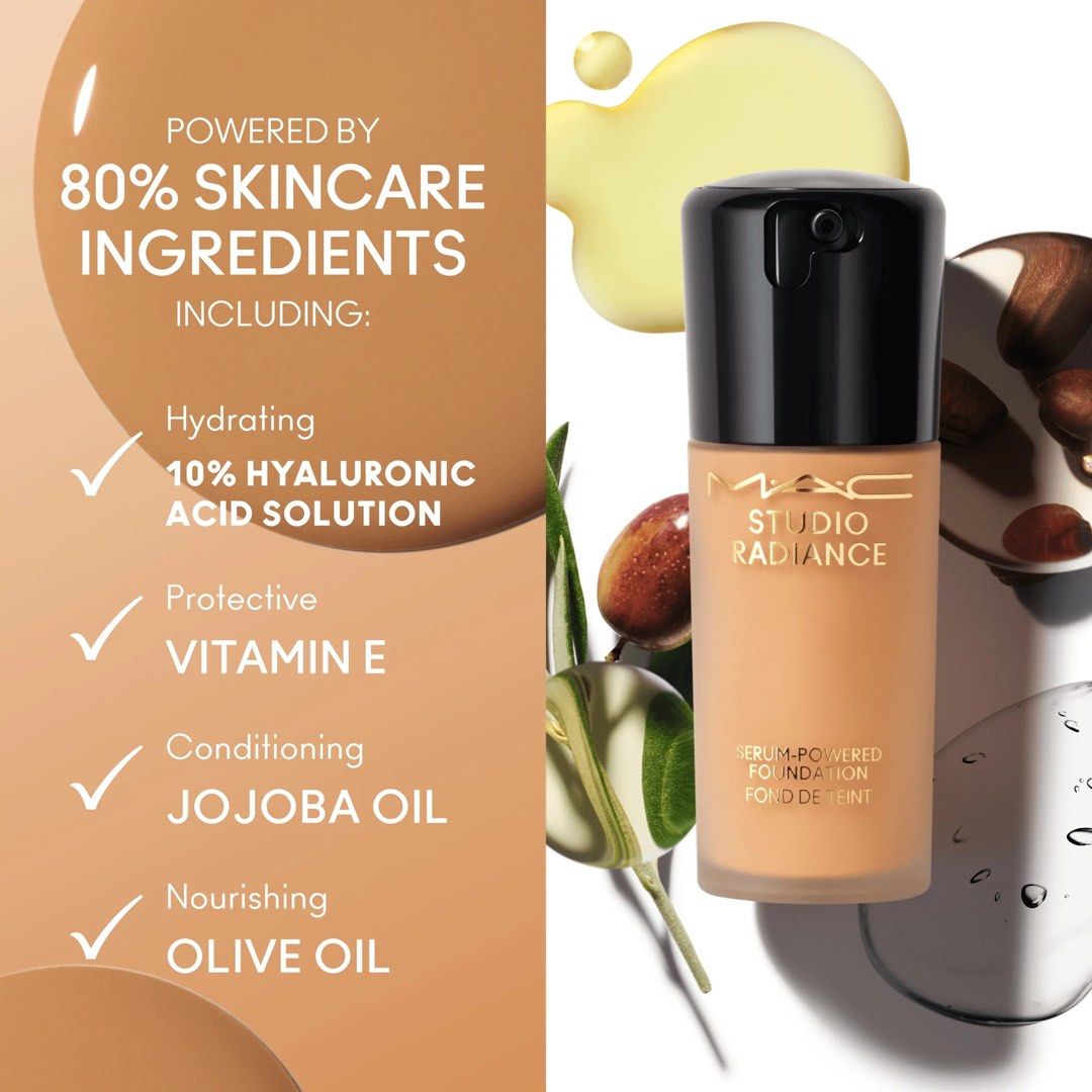 MAC Studio Radiance Serum-Powered Foundation (Category: Makeup) located in Mandaluyong City. Submitted by modeblogg (Listing ID 1470815155, Image 1). Description: - Authentic MAC Studio Radiance Serum-Powered Foundation - Infused with 80% skincare ingredients - Contains 10% hyaluronic acid for intense hydration - Packed with vitamin E, jojoba oil, and olive oil to condition and protect - Lightweight liquid formula with a convenient pump bottle - 