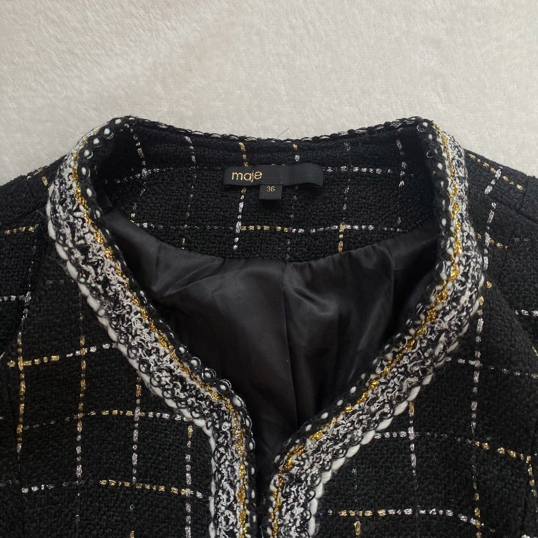 💫MAJE Black Gold Tweed Open Jacket (Category: Longsleeves) located in Manila. Submitted by yourdaily_obsessions (Listing ID 1470799763, Image 3). Description: Item: MAJE •Size 36 on tag, S-M •Measurements: Shoulder 14” Bust 32-34 Width 15” Length 22” •w/ shoulder pads, you can put some hook closure. Missing one button only. - Notes before making an offer❗️ •Photos are provided for self authentication. •Bogus/irresponsible buyer auto blocked •Che