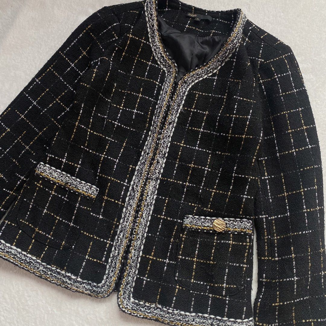 💫MAJE Black Gold Tweed Open Jacket (Category: Longsleeves) located in Manila. Submitted by yourdaily_obsessions (Listing ID 1470799763, Image 2). Description: Item: MAJE •Size 36 on tag, S-M •Measurements: Shoulder 14” Bust 32-34 Width 15” Length 22” •w/ shoulder pads, you can put some hook closure. Missing one button only. - Notes before making an offer❗️ •Photos are provided for self authentication. •Bogus/irresponsible buyer auto blocked •Che