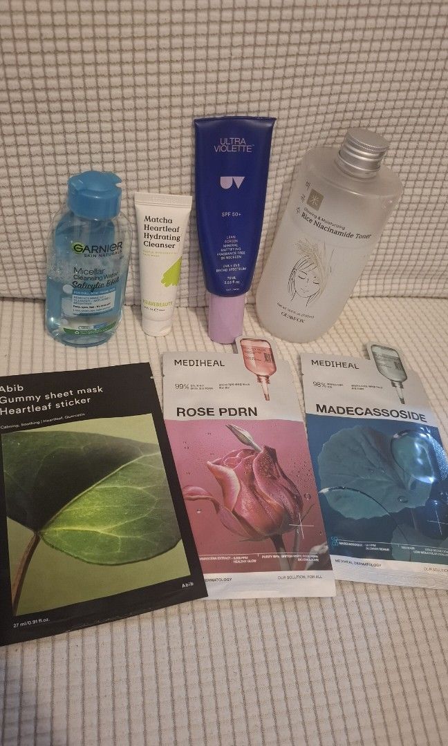 Makeup skincare set (Category: Face Care) located in Taguig. Submitted by welcome2myprelovedshop (Listing ID 1470910221, Image 3). Description: take all for only 500P •UV sun screen , from Australia (half left) •Rice toner (80% full) •Matcha facial wash (almost New) •Garnier cleansing water (50% full) •3 brand new face mask (from Korea-New).