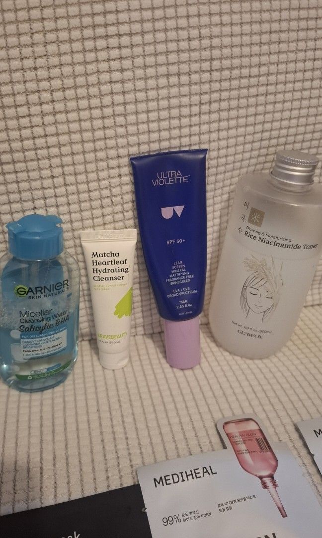 Makeup skincare set (Category: Face Care) located in Taguig. Submitted by welcome2myprelovedshop (Listing ID 1470910221, Image 2). Description: take all for only 500P •UV sun screen , from Australia (half left) •Rice toner (80% full) •Matcha facial wash (almost New) •Garnier cleansing water (50% full) •3 brand new face mask (from Korea-New).