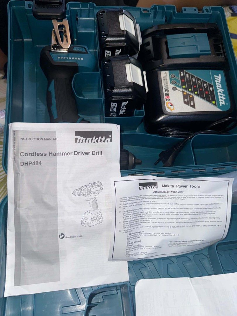 Makita DHP484 Cordless Hammer Driver Drill Set (Category: Construction Tools & Equipment) located in Manila. Submitted by hannazzy (Listing ID 1470845001, Image 2). Description: - Brand: Makita DHP484 Brushless Cordless Hammer Driver Drill - Condition: Brand new / Excellent working condition - Batteries: Two (2) 18V 3.0Ah Lithium-Ion batteries included - Charger: DC18RC Fast Charger - Inclusions: Instruction manual, warranty paperwork, and origin