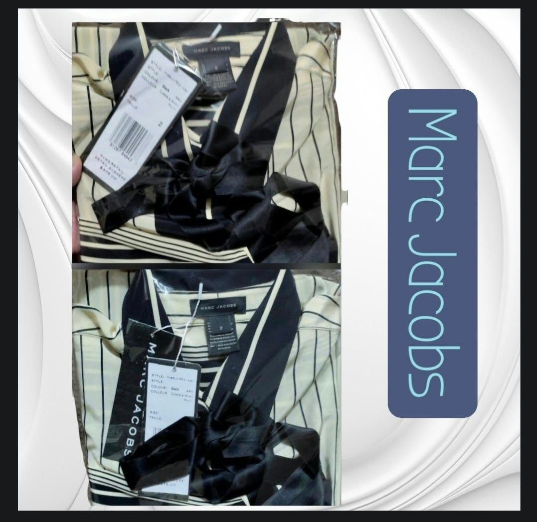 Marc Jacobs Striped Pussybow Blouse (Category: Blouses) located in Paranaque City. Submitted by calm_youngstore7 (Listing ID 1470748429, Image 3). Description: 80% OFF RETAIL! LAST PIECE SALE! - Brand: Marc Jacobs - Style: Button-down blouse with black and cream vertical stripes - Features: Long sleeves, pointed collar, and built-in black silk ribbon tie at the neck - Condition: Brand new with original retail tags attached - Perfect for office we