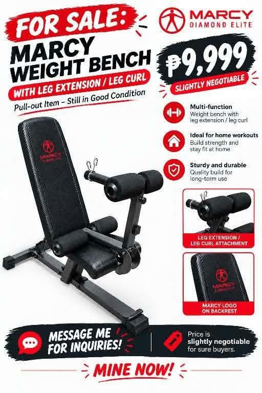 Marcy Weight Bench (Category: Cardio & Fitness Machines) located in Quezon City. Submitted by lark1024 (Listing ID 1470795658, Image 1). Description: Marcy Diamond Elite Weight Bench. Good condition. .