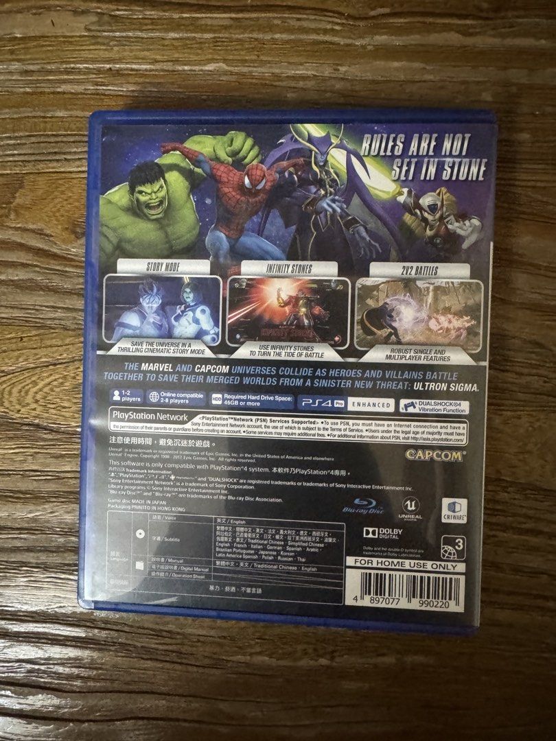 Marvel vs. Capcom: Infinite PS4 Game (Category: PlayStation) located in Las Pinas. Submitted by emdjss (Listing ID 1470817054, Image 3). Description: - Platform: PlayStation 4 (Physical Disc) - Extras: Includes paper insert with unused DLC voucher codes for Warrior Thor and Evil Ryu premium costumes - Genre: Action fighting game featuring iconic Marvel and Capcom characters - Age Rating: Rated 3 .
