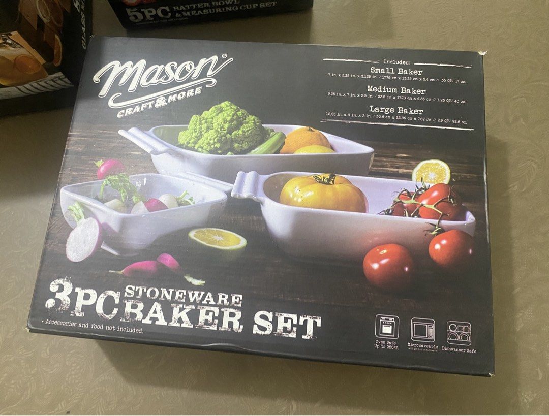 Mason Craft & More Kitchen Sets Bundle (Category: Cookware & Accessories) located in Manila. Submitted by ardabcd0716936 (Listing ID 1470756121, Image 2). Description: Bundle includes a 3-piece stoneware baker set, 5-piece batter bowl and measuring cup set, plus an 8-piece glass mug set. All items by Mason Craft & More. Great matching kitchenware for baking and serving drinks. Everything stays in original boxes. ▪️3 PC STONWARE BAKER SET -p2,500 
