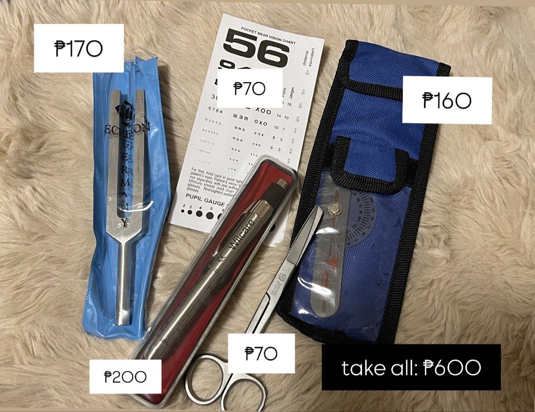 Medical Instruments Set Tuning Fork Penlight Scissors Pocket Chart (Category: Medical Supplies & Tools) located in Manila. Submitted by niki192 (Listing ID 1470785297, Image 1). Description: Health Assessment Set sold as bundle - tuning fork included - penlight in a red case - medical scissors - pocket snellen chart - goniometer stored in a blue pouch negotiable if sure buyer.