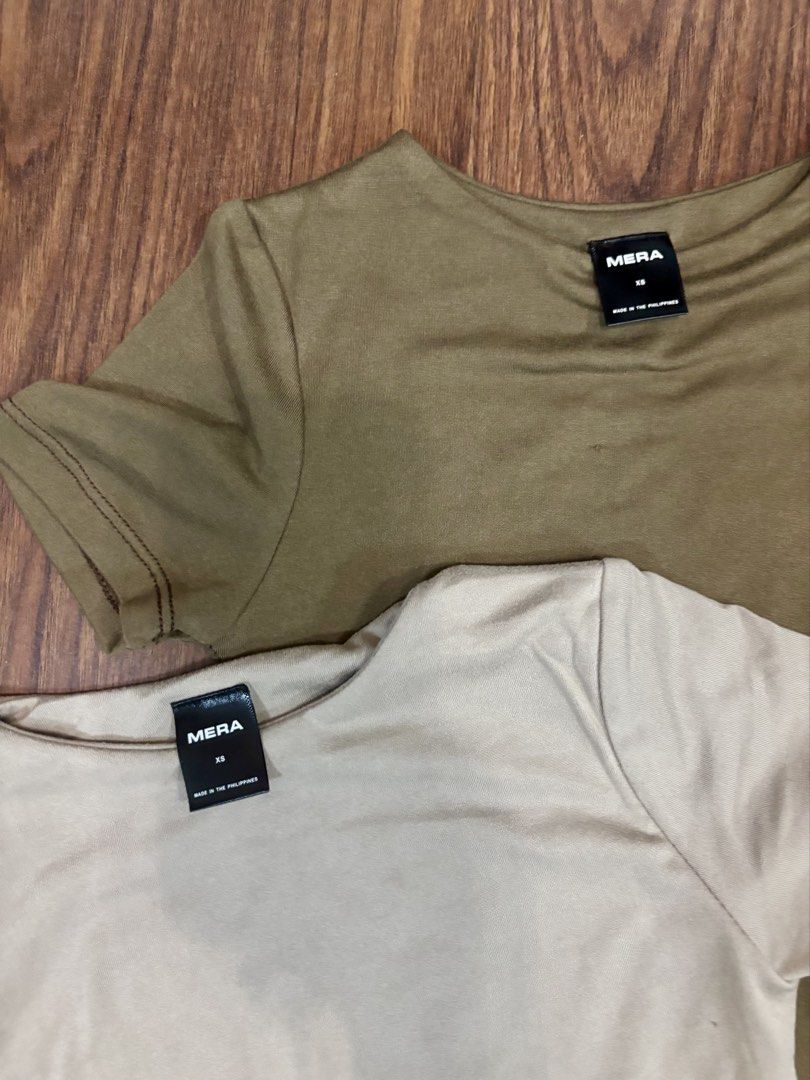 MERA Basic renata T-Shirts Bundle Olive Green Beige Size XS (Category: Shirts) located in San Juan City. Submitted by hellokitty_454 (Listing ID 1470873943, Image 3). Description: - Set of 2 basic fitted tees ( taupe and coffee - Brand: MERA - Size: XS - Style: Short sleeves, round neckline - Origin: Made in the Philippines - Great neutral colors for daily casual outfits - Sold as a set.