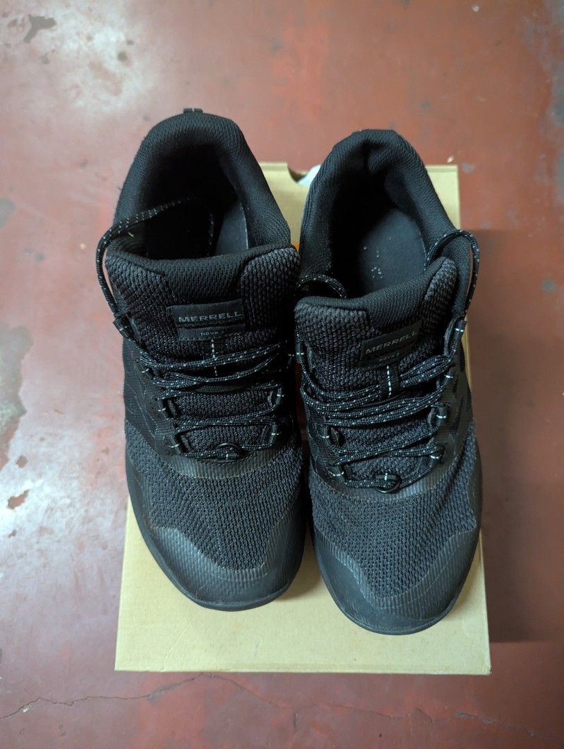 Merrell Nova 3 (Category: Sneakers) located in Malabon City. Submitted by doobidoi (Listing ID 1470815165, Image 2). Description: - Brand/Model: Merrell Nova 3 Trail Running Shoes - Color: Black with matching black laces - Size: Men's US 9 / UK 8.5 / EUR 43 / CM 27 - Outsole: Vibram rubber for superior grip on outdoor terrain - Upper: Durable mesh - Condition: Clean soles with minimal wear, includes original shoebox - Ideal for: Hiking, running, 