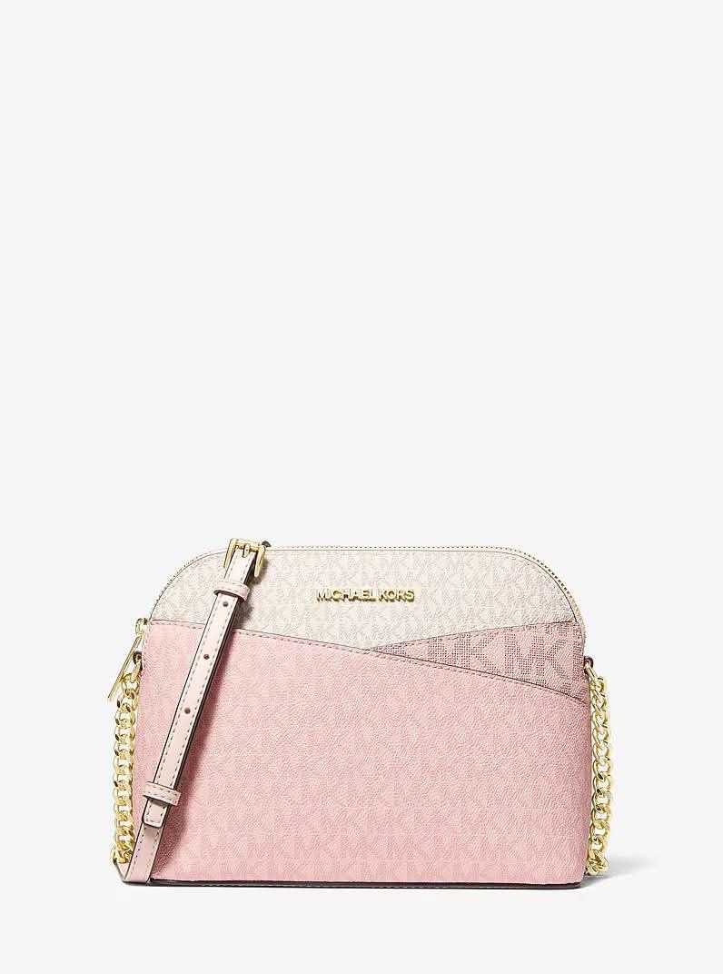 Michael Kors Jet Set Dome Crossbody Bag (Category: Cross-body Bags) located in Paranaque City. Submitted by MLandCobyApple (Listing ID 1470887701, Image 3). Description: - Authentic Michael Kors dome crossbody bag in signature MK logo print - Chic colorblock design in white, tan, and brown tones - Premium gold-tone hardware with stylish chain strap links - Secure zip-top closure and convenient front slip pocket - Adjustable leather shoulder strap