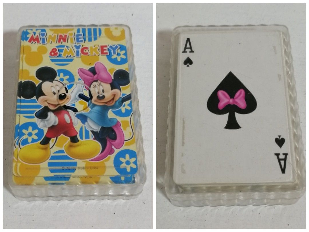 Mickey And Minnie Mouse Playing Cards (Category: Other Merchandise) located in San Mateo. Submitted by arrowscrap_delight (Listing ID 1470828318, Image 1). Description: Mickey And Minnie Mouse Playing Cards Good Condition Disney Complete Set ,52 Pcs with 2 Jokers Paper Material Plastic Case Length : 8.5cm Width : 5.5cm Issues : Damage at the back of 5 Diamond and Small Fold on King of Clubs 145 + SF.