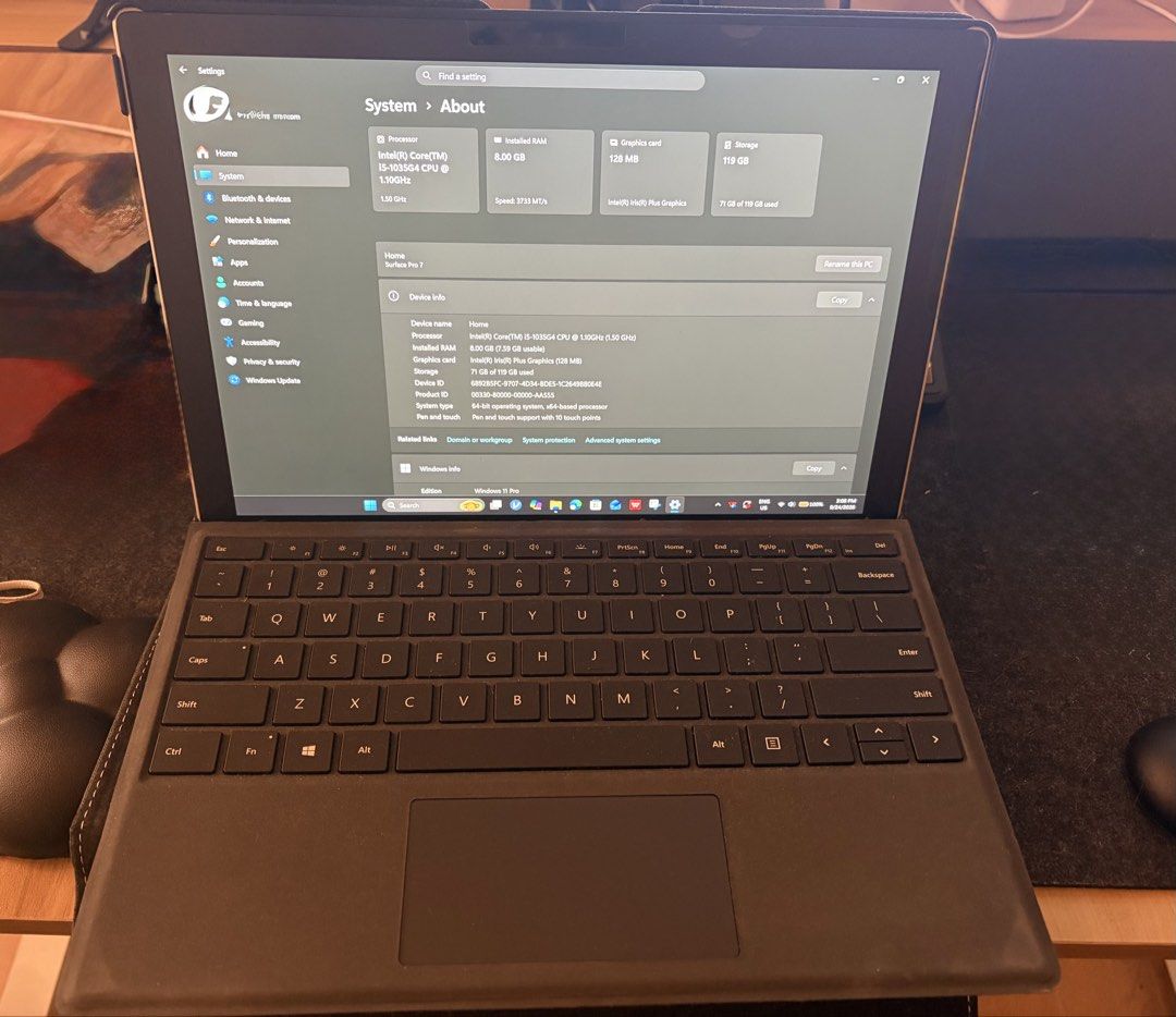 Microsoft Surface Pro 7 Intel i5 8GB RAM 119GB Storage (Category: Laptops & Notebooks) located in Manila. Submitted by 123cheesedog (Listing ID 1470760952, Image 1). Description: - Model: Microsoft Surface Pro 7 (Windows 11 Pro) - Performance: Intel Core i5-1035G4 CPU at 1.10GHz with 8GB RAM - Storage: 119GB capacity - Included Accessories: Original box, Microsoft Surface Pen stylus in retail packaging, black fabric keyboard folio case, and dark 