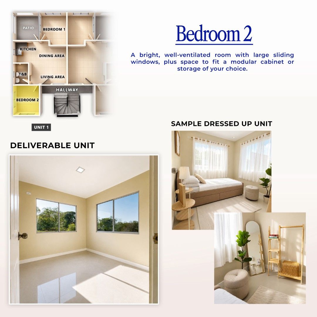 Midori Mid-rise Building 50 sqm 2BR Condo Unit (Category: Apartments & Condos) located in Rizal. Submitted by ecalian (Listing ID 1470879151, Image 3). Description: - Property Type: 2-Bedroom Condo Unit in Midori Mid-rise Building - Floor Area: 50 sqm - Layout: 2 bedrooms with large sliding windows, 1 toilet and bath, kitchen with modular cabinets, dining area, living area, and patio - Bathroom Features: Fully tiled floor and walls, complete with