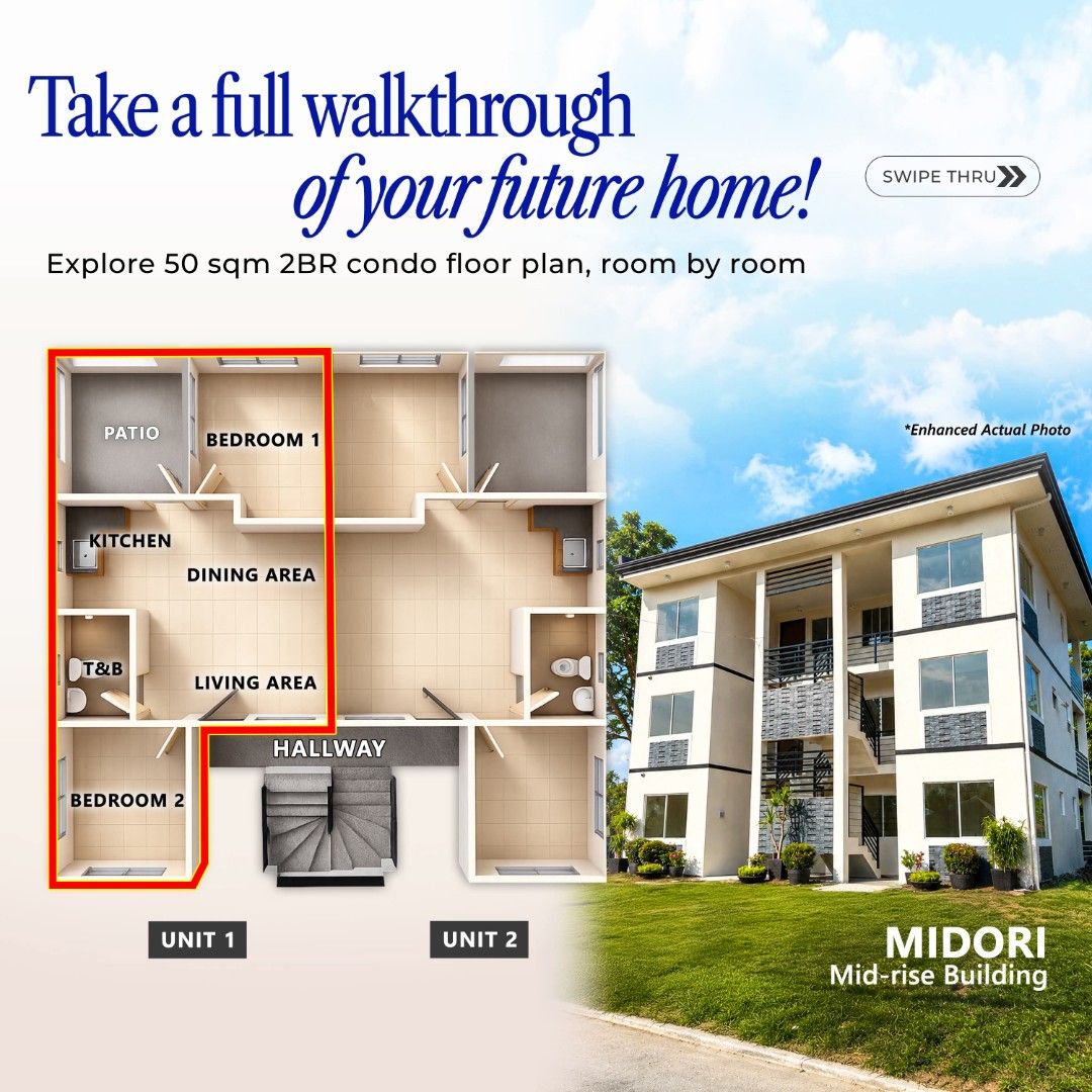 Midori Mid-rise Building 50 sqm 2BR Condo Unit (Category: Apartments & Condos) located in Rizal. Submitted by ecalian (Listing ID 1470879151, Image 1). Description: - Property Type: 2-Bedroom Condo Unit in Midori Mid-rise Building - Floor Area: 50 sqm - Layout: 2 bedrooms with large sliding windows, 1 toilet and bath, kitchen with modular cabinets, dining area, living area, and patio - Bathroom Features: Fully tiled floor and walls, complete with