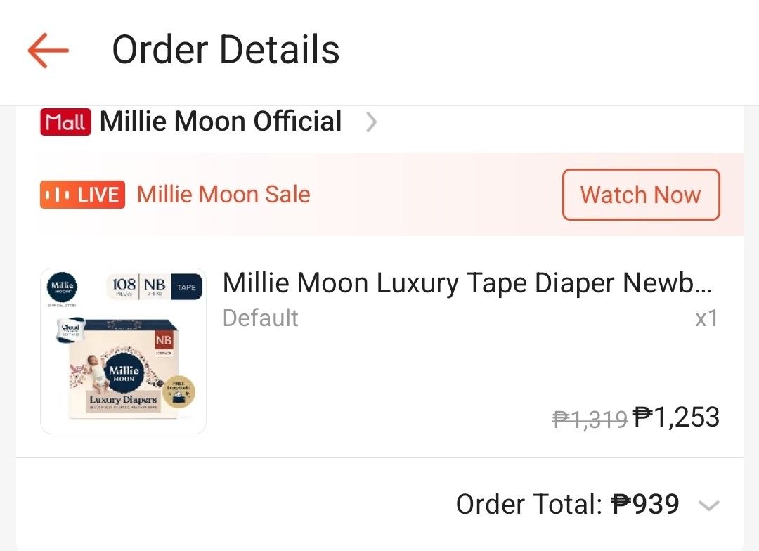Millie Moon Diapers NB Size 108 pcs (Category: Diapers & Baby Wipes) located in Quezon City. Submitted by liliwooo (Listing ID 1470797194, Image 3). Description: - Brand new & unopened box from orange app official store - Size: Newborn (Size 1) - Quantity: 108 pieces - RFS: extra box. baby has outgrown this size already.
