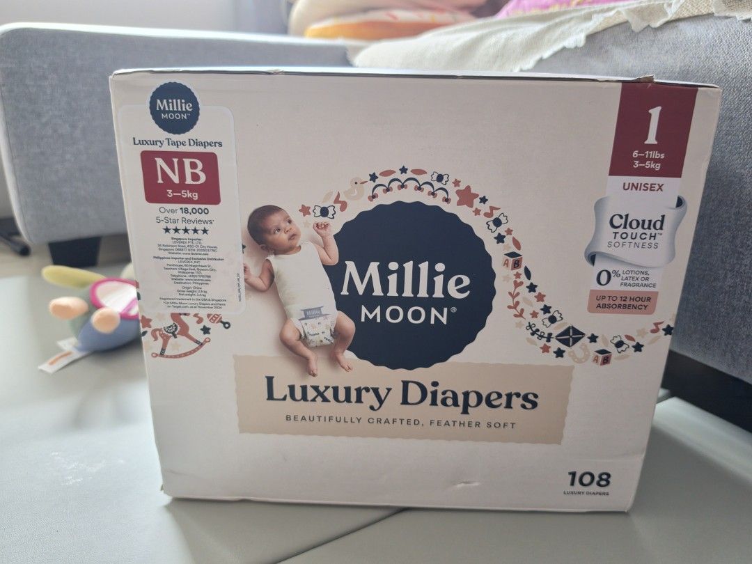 Millie Moon Diapers NB Size 108 pcs (Category: Diapers & Baby Wipes) located in Quezon City. Submitted by liliwooo (Listing ID 1470797194, Image 1). Description: - Brand new & unopened box from orange app official store - Size: Newborn (Size 1) - Quantity: 108 pieces - RFS: extra box. baby has outgrown this size already.