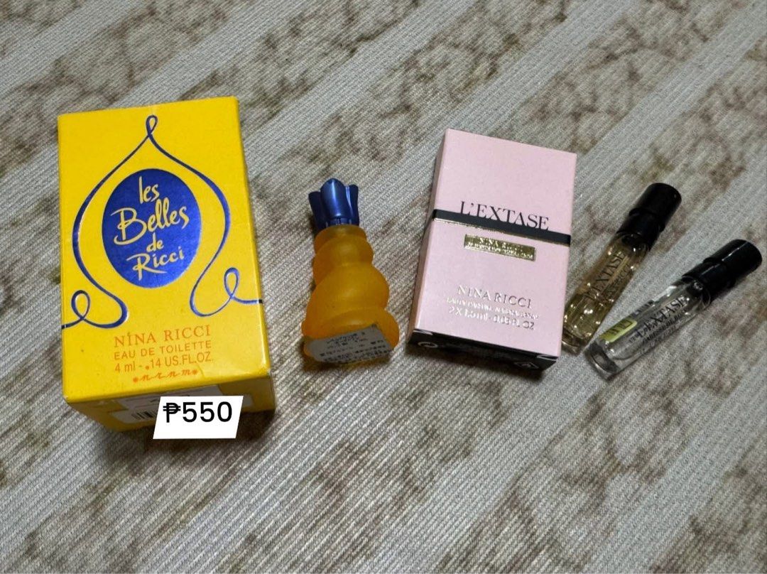 MINI NINA RICCI PERFUME (Category: Fragrance & Deodorants) located in Agdangan. Submitted by lavishbyji22912 (Listing ID 1470820617, Image 1). Description: Authentic Bought in japan Nina ricci belles :₱550 L’EXTASE :₱ 330.