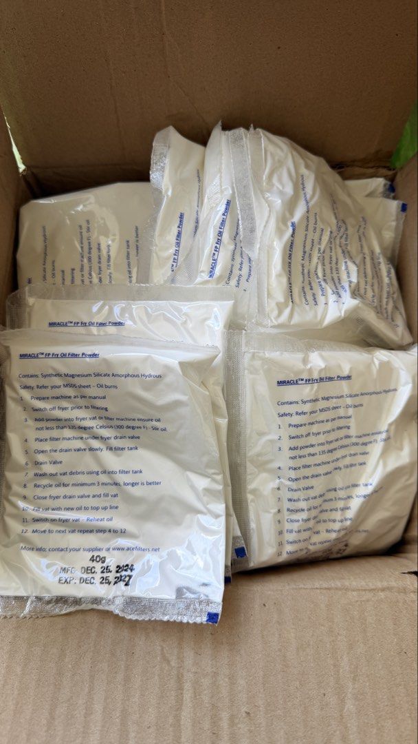 Miracle FP™ Fry Oil Filter Powder (Category: Other Food & Drinks) located in Las Pinas. Submitted by kcshoponline.ph (Listing ID 1470768913, Image 1). Description: Miracle FP™ Fry Oil Filter Powder 58 packets 40g each Dec 2027 expiration Unused Takeall for 3.5k (60 per packet) LBC | J&T | Lala or similar QR payment 📍Las Pinas.