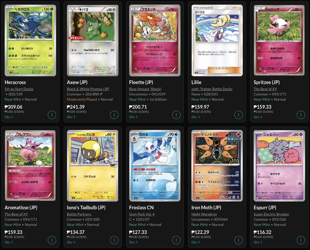 Mix (Category: Raw Singles) located in Manila. Submitted by mxveronicx (Listing ID 1470663210, Image 2). Description: 100+ pokemon artist cards and cutemons Shibuzoh, Yuka Morii, Shinji Kanda, Sekio etc. Mix of Eng, JP, and KR cards Collectr link https://app.getcollectr.com/showcase/profile/914c88dd-e516-4a31-959a-79c388663273 Current market at ₱5k, selling at 70% PM for actual photos RFS: Downsizing.