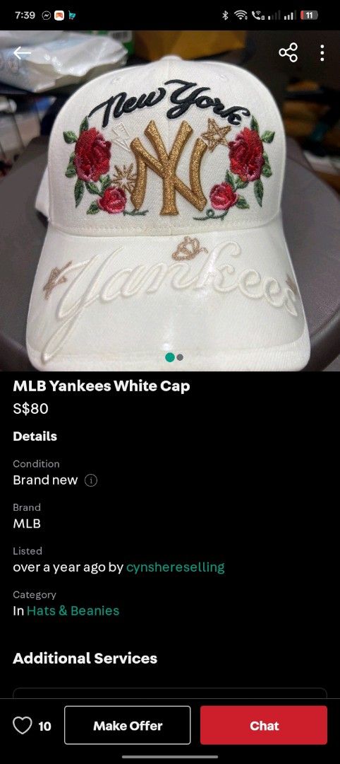 MLB Yankees pink Cap (Category: Caps & Hats) located in Manila. Submitted by oddearth.gerald (Listing ID 1470855319, Image 1). Description: - 100% authentic MLB New York Yankees cap in classic pink - Eye-catching embroidered floral details with a stylish gold NY front logo - Cool star graphics printed on the side - Adjustable strap at the back with official MLB branding tag - Need to reblock and snapback has a little stain - Mode of Payment: GCas