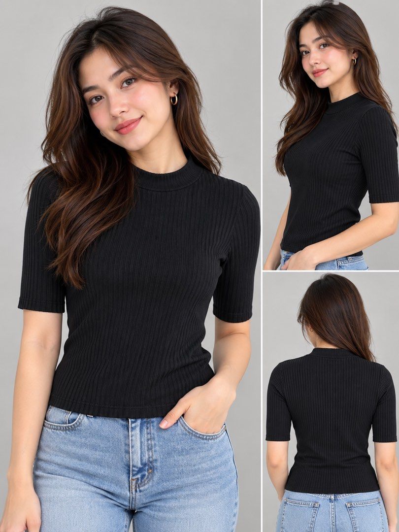 Monki Black Ribbed Mock Neck Top (Category: Sleeveless) located in Bacoor. Submitted by goodfinds02 (Listing ID 1470866018, Image 2). Description: - Brand: Monki - Color: Solid black - Size: S (tag attached near the collar) - Design: Mock neckline with short sleeves - Fit: Fitted silhouette - Versatility: Perfect for layering or wearing solo with jeans.