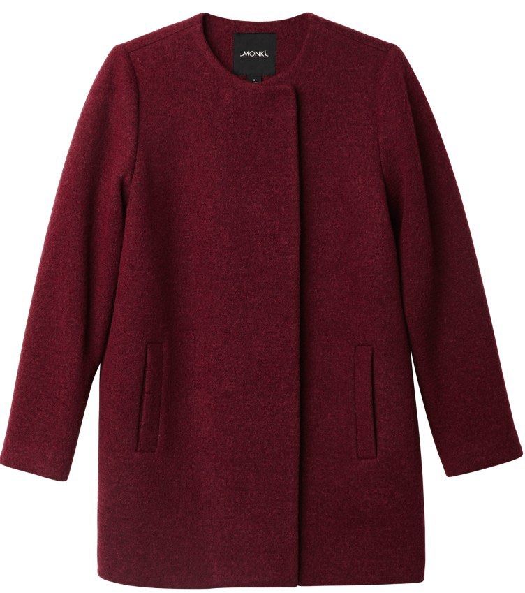 MONKI Burgundy Collarless Wool-Blend Coat (Category: Coats, Jackets and Outerwear) located in Caloocan City. Submitted by declutteringph. (Listing ID 1470898318, Image 3). Description: Size xs CN 160/80A on the tag! Dimensions: (inches) Shoulder width: 14” Bust width: 20” Body Length: 30” Sleeves Length: 23.5”.