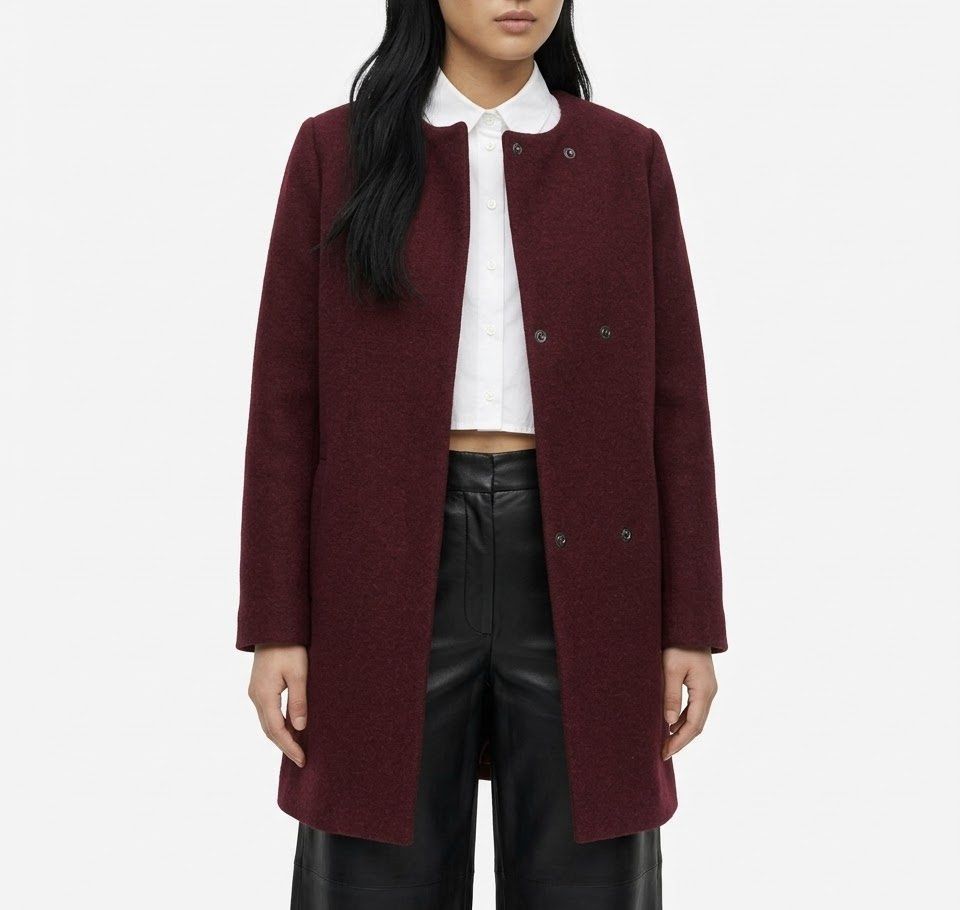 MONKI Burgundy Collarless Wool-Blend Coat (Category: Coats, Jackets and Outerwear) located in Caloocan City. Submitted by declutteringph. (Listing ID 1470898318, Image 2). Description: Size xs CN 160/80A on the tag! Dimensions: (inches) Shoulder width: 14” Bust width: 20” Body Length: 30” Sleeves Length: 23.5”.