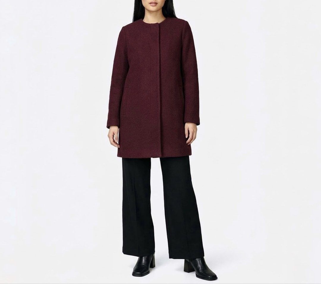 MONKI Burgundy Collarless Wool-Blend Coat (Category: Coats, Jackets and Outerwear) located in Caloocan City. Submitted by declutteringph. (Listing ID 1470898318, Image 1). Description: Size xs CN 160/80A on the tag! Dimensions: (inches) Shoulder width: 14” Bust width: 20” Body Length: 30” Sleeves Length: 23.5”.