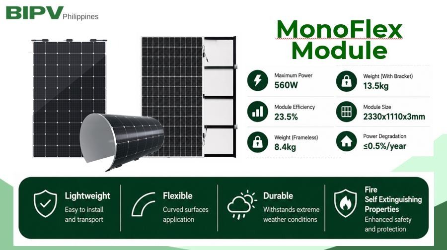 Monoflex 560W Ultra-High Efficiency Flexible Solar Panel (Category: Outdoor Furniture) located in Makati City. Submitted by jasmine.bipvphils (Listing ID 1470784867, Image 1). Description: Commercial-grade power without the heavy glass. 560 Watts of flexible, lightweight energy for serious off-grid, marine, and commercial setups. Key Highlights Massive 560W Output: High-density A-grade monocrystalline cells maximize power generation per square me
