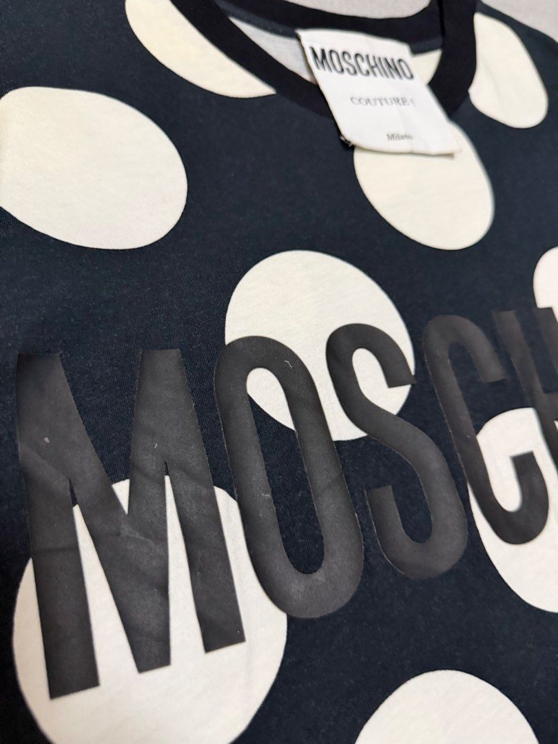 Moschino Embossed AOP Shirt (Category: Luxury Apparel) located in Bulacan. Submitted by sanjisthrift (Listing ID 1470807997, Image 3). Description: Size Medium Width 20 Length 27.5 Excellent Condition 9/10.