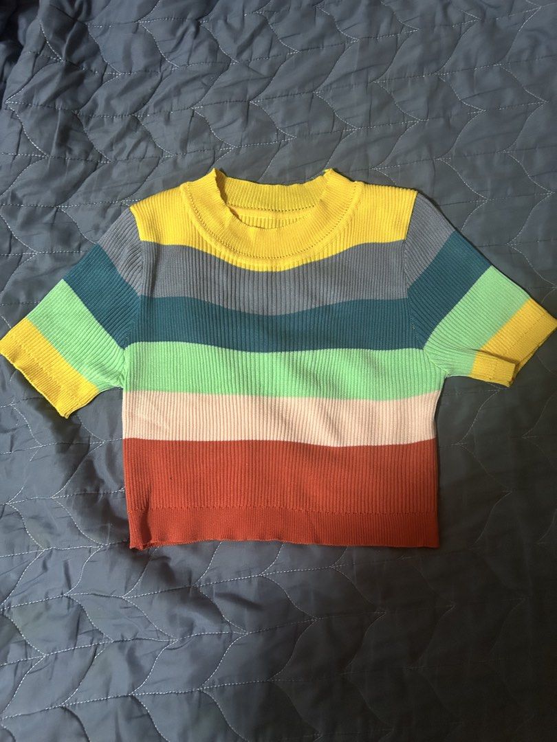 Multicolor Striped Ribbed Short Sleeve Crop Top (Category: Shirts) located in Manila. Submitted by ardol (Listing ID 1470781157, Image 1). Description: -size: s-m - Colorful striped ribbed knit crop top - Features bright yellow, grey, teal, green, peach, and rust red blocks - Short sleeves with a rounded ribbed collar - Stretchy, snug-fit fabric - Ideal for warm weather and easy to style with denim.