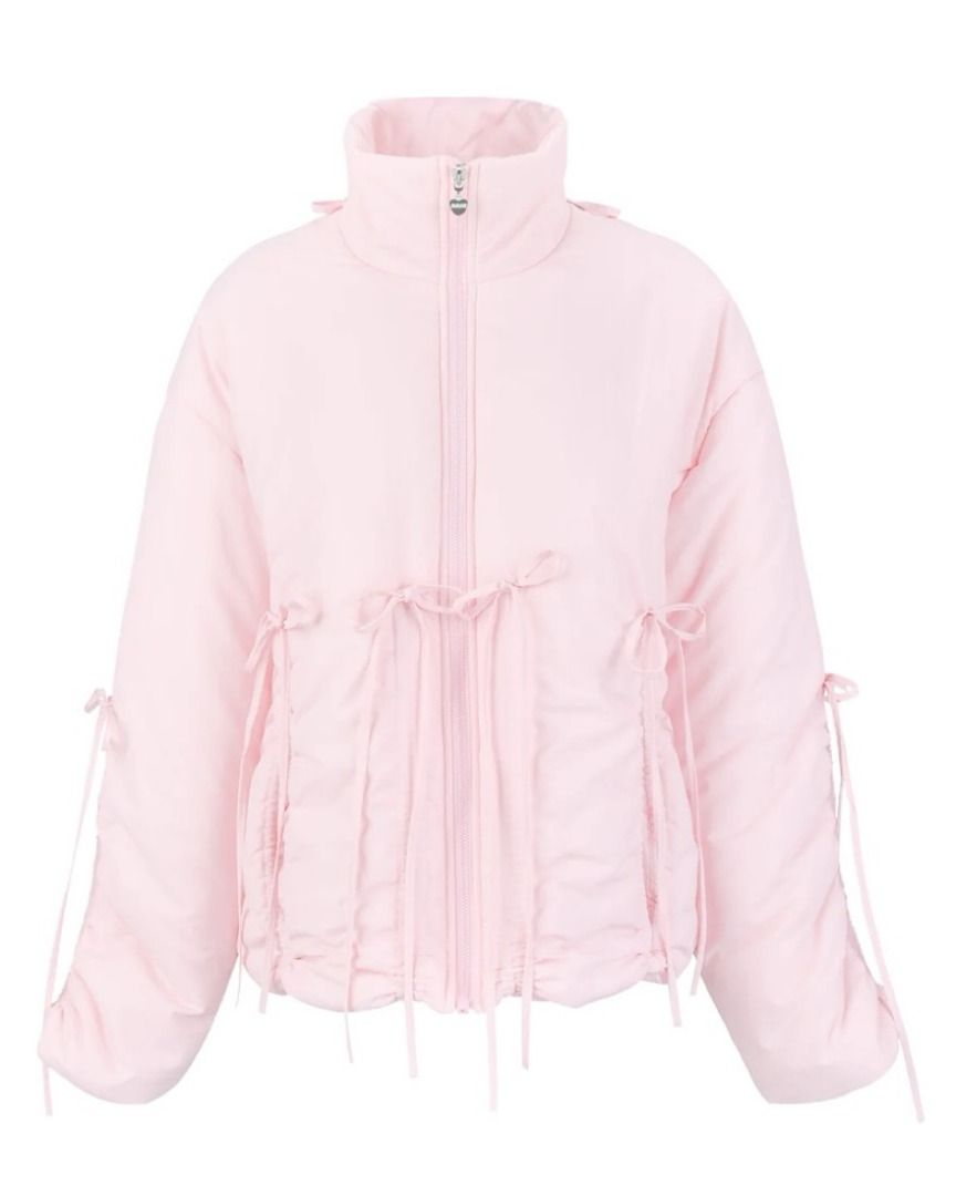 Mum Made It Pink Puffer Jacket with Bows (Category: Coats, Jackets and Outerwear) located in Makati City. Submitted by another_wear (Listing ID 1470800288, Image 2). Description: Brand new and never worn! This is really the cutest winter puffer jacket! Perfect for ballet core looks while being protected from the cold. Size XS but oversized fit so I would say this could fit up to M. I forgot the original price already but I think it was around 10K