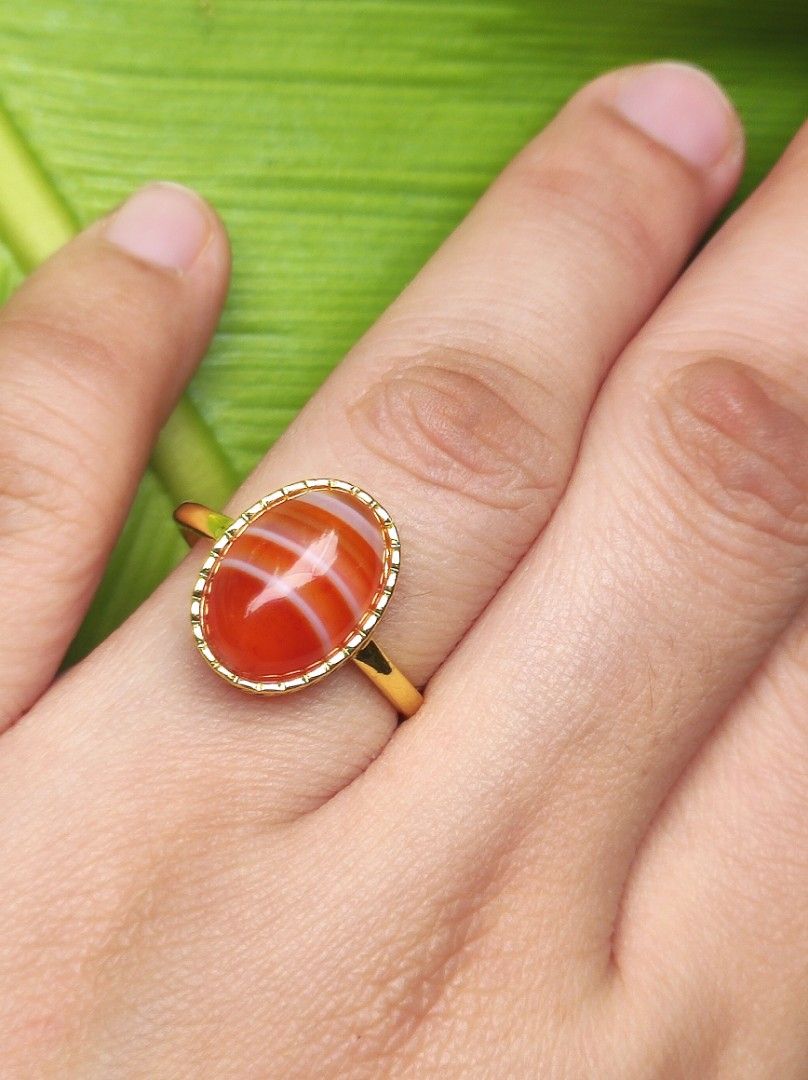Natural Carnelian Silver Ring gemstone ring crystal ring (Category: Rings) located in Kinoguitan. Submitted by artemiscrystal (Listing ID 1470862074, Image 1). Description: - natural carnelian , red banded agate. - Gold silver plated alloy - Adjustable size - .