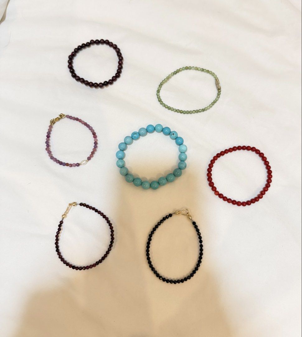 Natural crystal gemstone bracelets (Category: Bracelets) located in Tagum. Submitted by shwzzzd (Listing ID 1470866234, Image 2). Description: Red coral - 250 Garnet 4mm - 280 Green jade mm - 300 Turquoise 8mm - 380 Ruby with pearl - 580 Faceted garnet - 280 Black tourmaline faceted - 250.