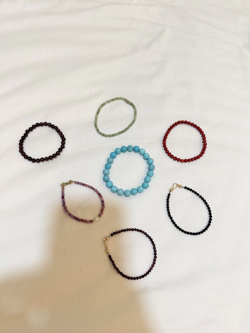 Natural crystal gemstone bracelets (Category: Bracelets) located in Tagum. Submitted by shwzzzd (Listing ID 1470866234, Image 1). Description: Red coral - 250 Garnet 4mm - 280 Green jade mm - 300 Turquoise 8mm - 380 Ruby with pearl - 580 Faceted garnet - 280 Black tourmaline faceted - 250.