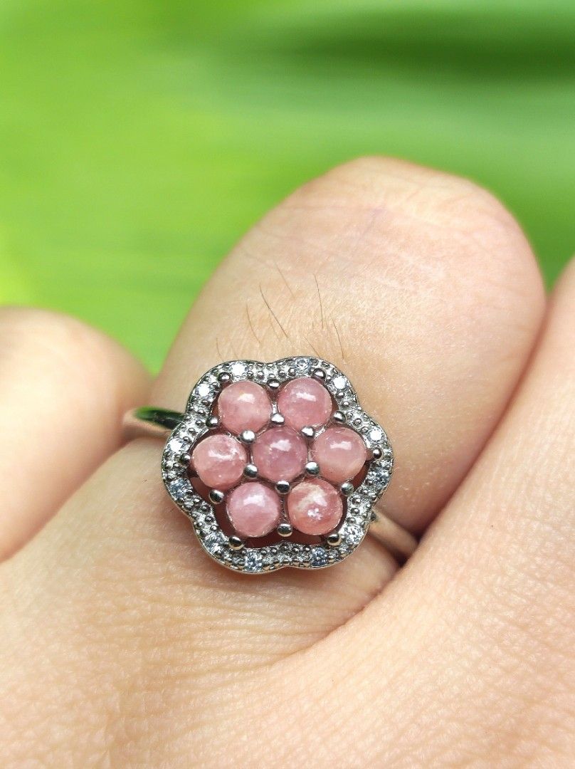 Natural Rhodonite Flower Cluster Silver ring gemstone ring crystal ring (Category: Rings) located in Kinoguitan. Submitted by artemiscrystal (Listing ID 1470864670, Image 3). Description: - Natural Rhodonite gemstone crystal - Band: Dainty and thin silver plated alloy - Adjustable size - Versatility: Perfect as an everyday accessory or a thoughtful gift .