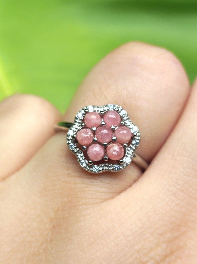 Natural Rhodonite Flower Cluster Silver ring gemstone ring crystal ring (Category: Rings) located in Kinoguitan. Submitted by artemiscrystal (Listing ID 1470864670, Image 1). Description: - Natural Rhodonite gemstone crystal - Band: Dainty and thin silver plated alloy - Adjustable size - Versatility: Perfect as an everyday accessory or a thoughtful gift .