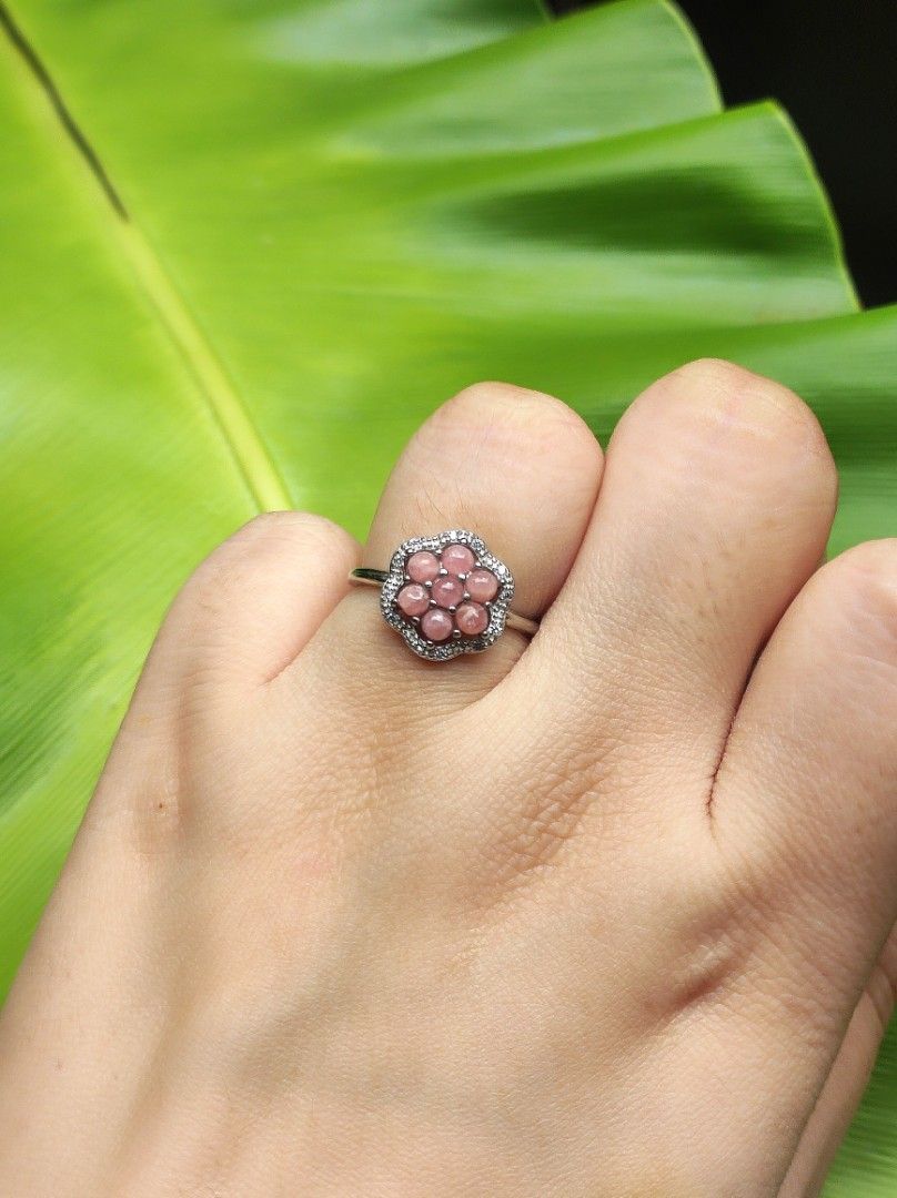 Natural Rhodonite Flower Cluster Silver ring gemstone ring crystal ring (Category: Rings) located in Kinoguitan. Submitted by artemiscrystal (Listing ID 1470864670, Image 2). Description: - Natural Rhodonite gemstone crystal - Band: Dainty and thin silver plated alloy - Adjustable size - Versatility: Perfect as an everyday accessory or a thoughtful gift .